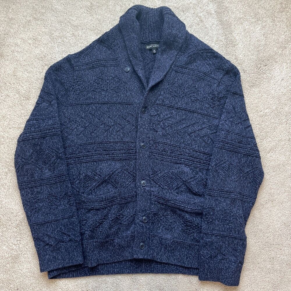 J Crew Fisherman Cardigan Mens XL Blue Chunky Cable Knit Shawl Collar Button Up
